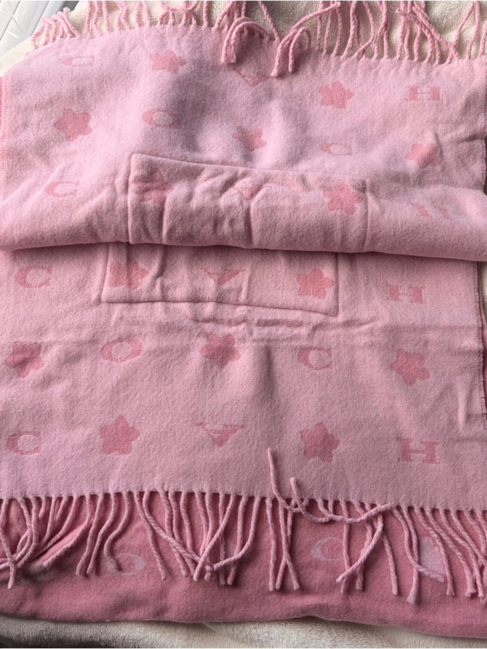 COACH Pink Logo Fringe Pocket Scarf Muffler 💗 - Picture 3 of 4